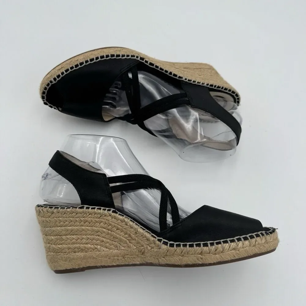 ABEO Delano Espadrille Wedge Sandal Black Leather Peep Toe Slip On 9N Crisscross
